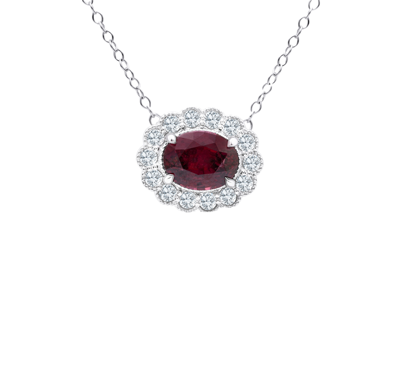 Sabel Collection White Gold Oval Ruby and Diamond Milgrain Pendant